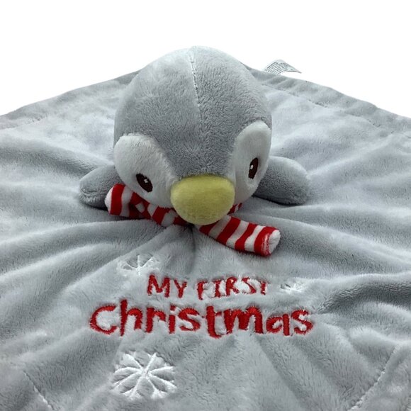 Penguin Lovey Gray Plush Blankie "My First Christmas" 13” Security Blanket - Picture 2 of 7